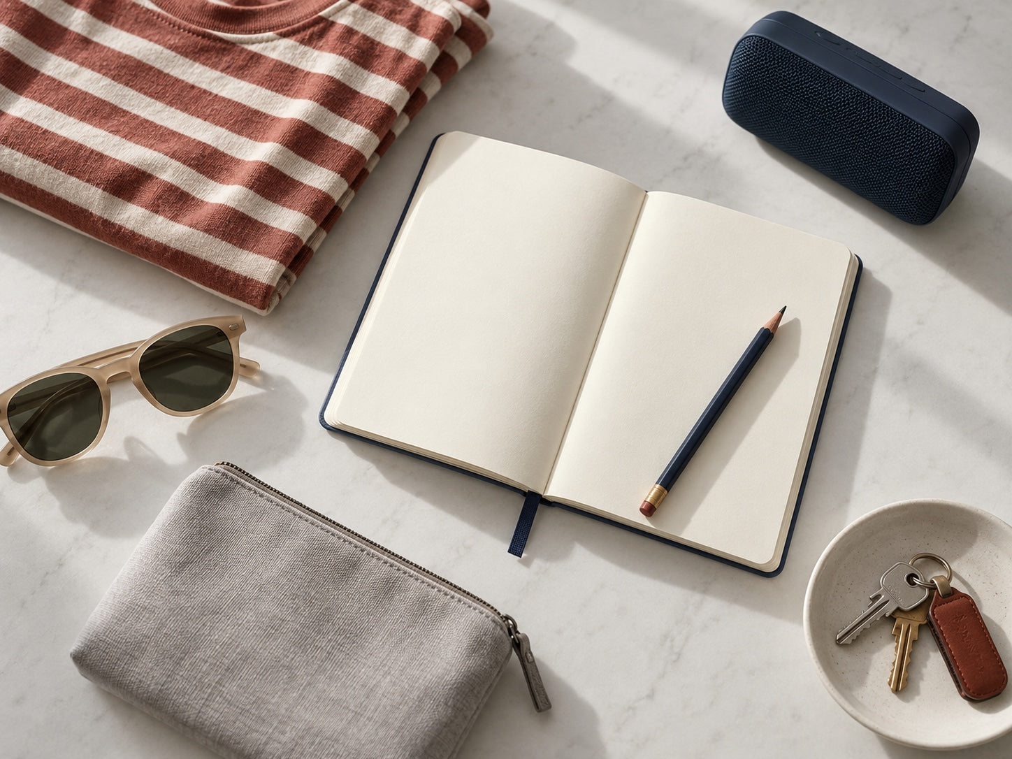 Everyday inspiration: a notebook, knitwear, sunglasses and a portable speaker on a pale tabletop.